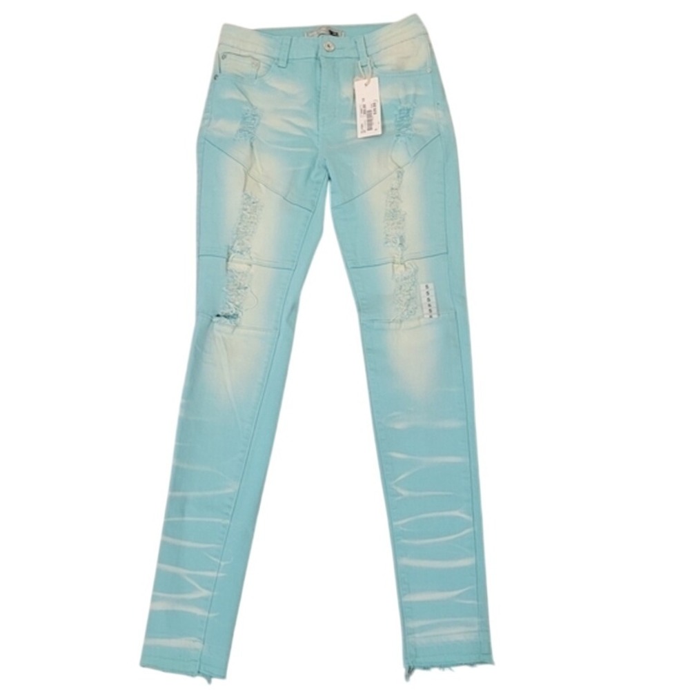 NWT‎ Blue Topic Womens Turquoise Distressed Jeans Size 5/6 Frayed Cuffs